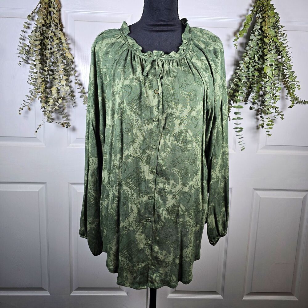 Torrid Doctor Who BBC Green TARDIS Print Long Sleeve Blouse Top Size 14/16 NWT